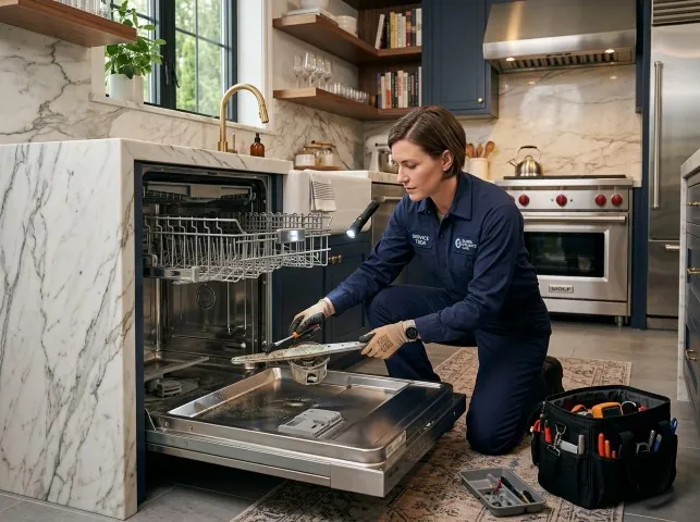 Appliance Repair Hero technician servicing a built-in dishwasher in a Applegate, CA kitchen