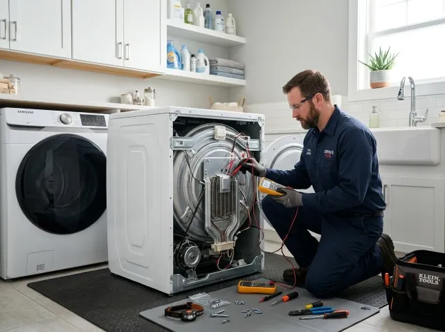 Appliance Repair Hero technician checking a dryer heating element with the rear panel off in Applegate, CA