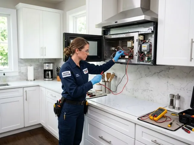Appliance Repair Hero technician testing an over-the-range microwave in a Applegate, CA kitchen