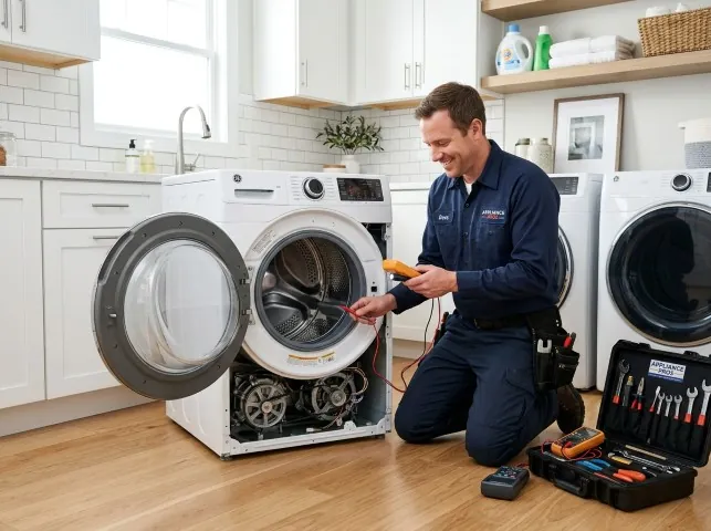 Appliance Repair Hero technician testing a front-load washer with a multimeter on a Applegate, CA service call